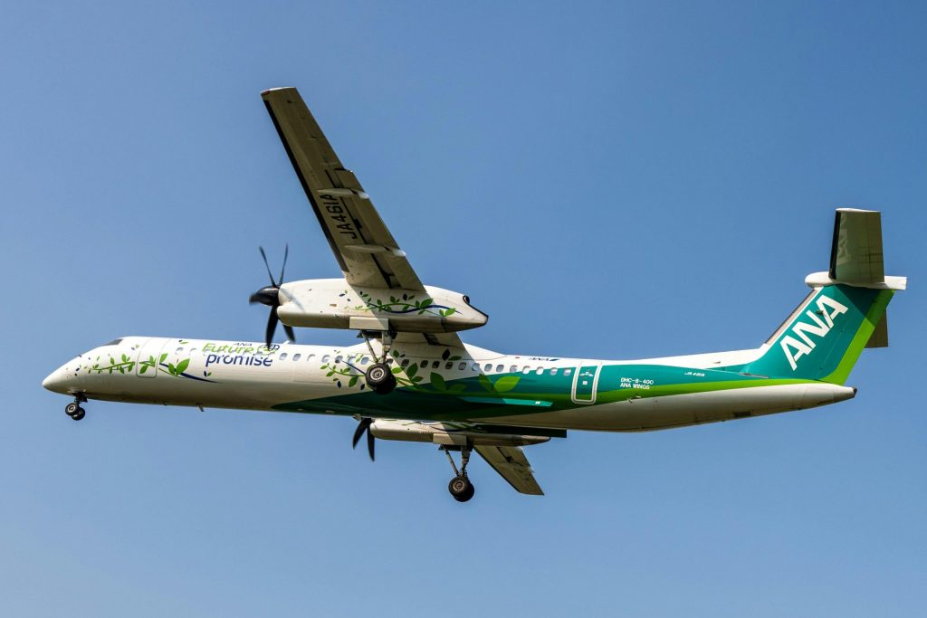Bombardier Q400 aircraft flying through clear skies